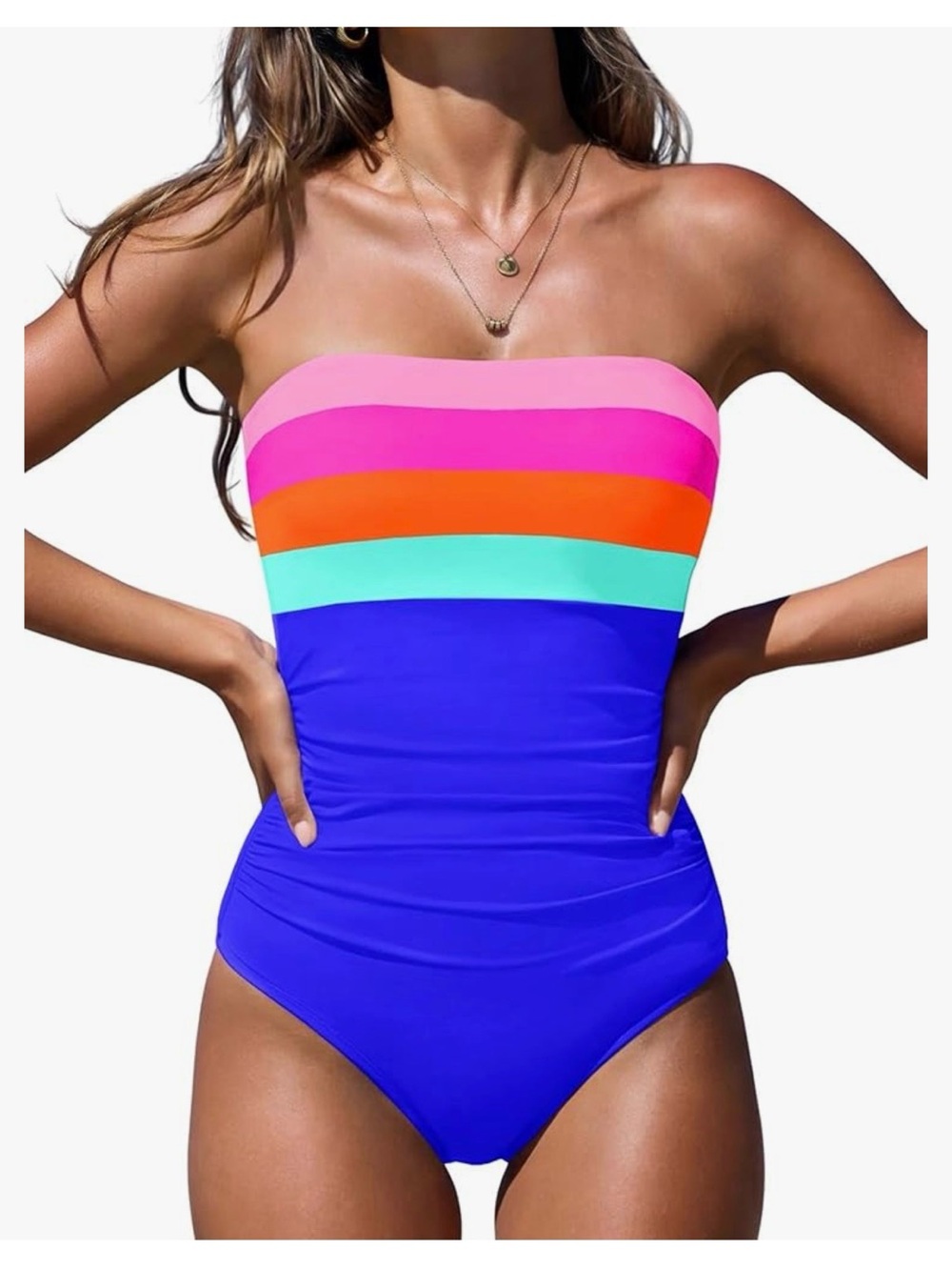 Striped Bandeau One-Piece Swimsuit - Pink, Hot POrange, Mint & Cobalt NWT LARGE